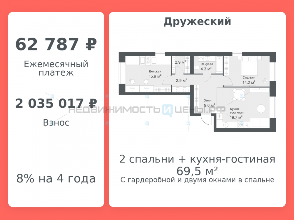 2 комн., 69.5м2, 8/8, Дружеский, Тюмень