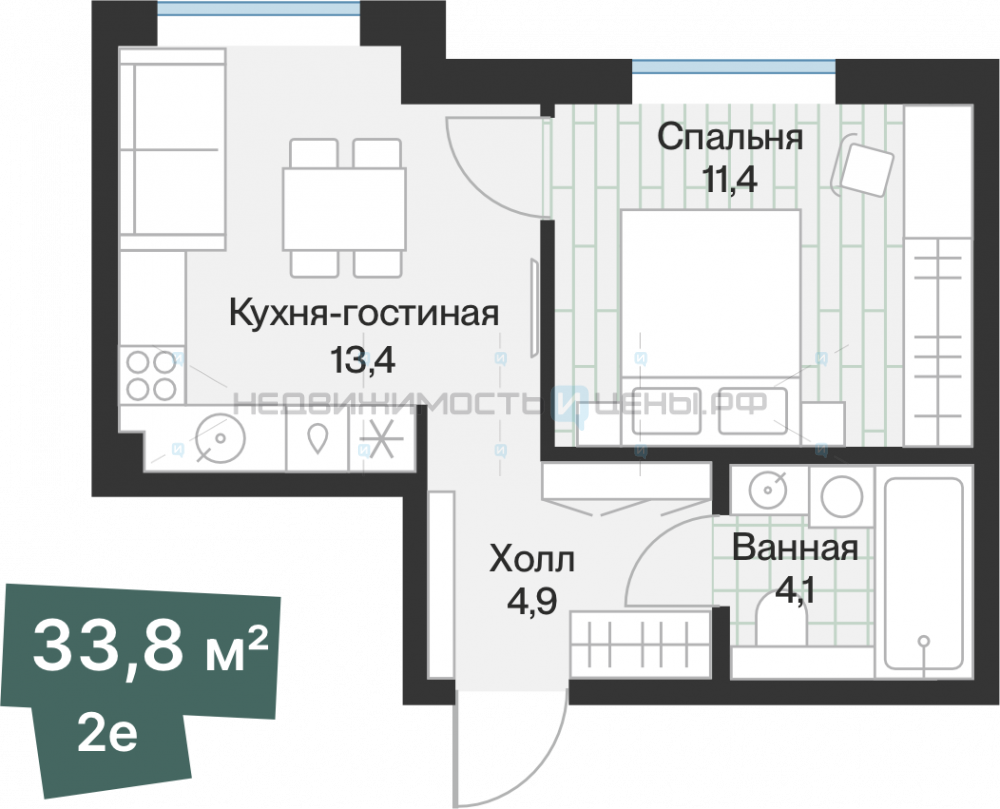 1 комн., 34.1м2, 4/4, Эклипт, Тюмень