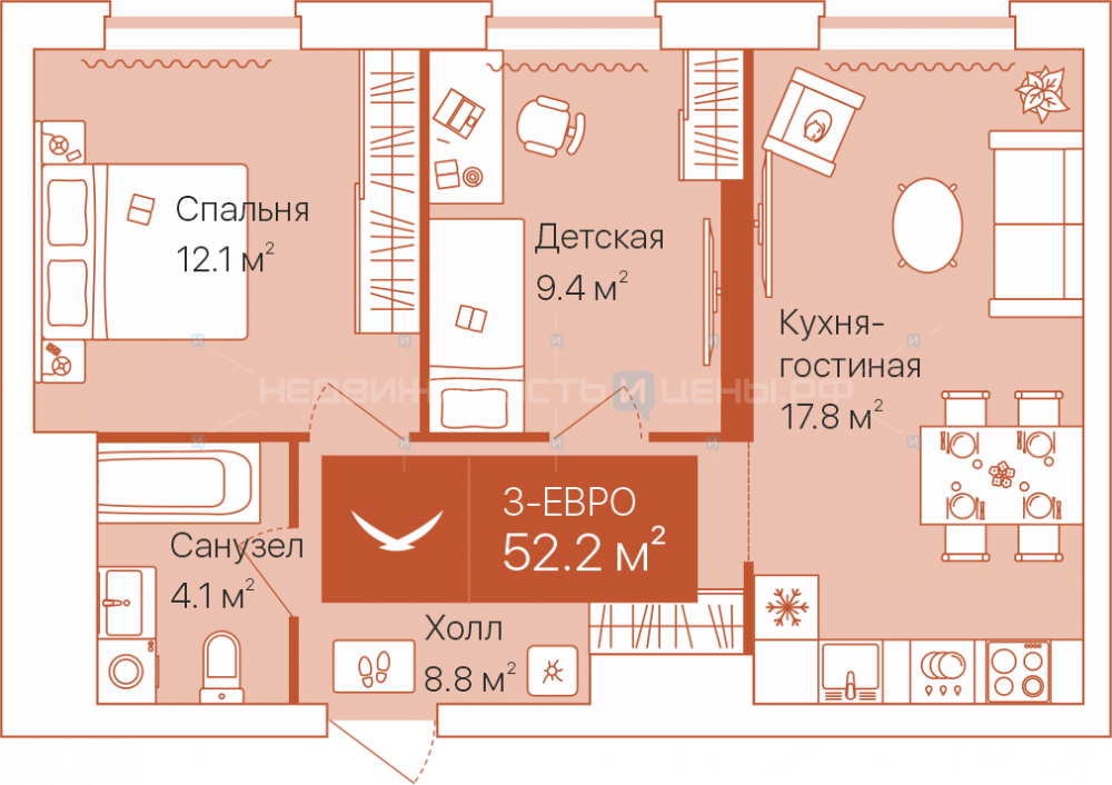 2 комн., 52.2м2, 15/16, Дом на Большой Спасской, Тюмень
