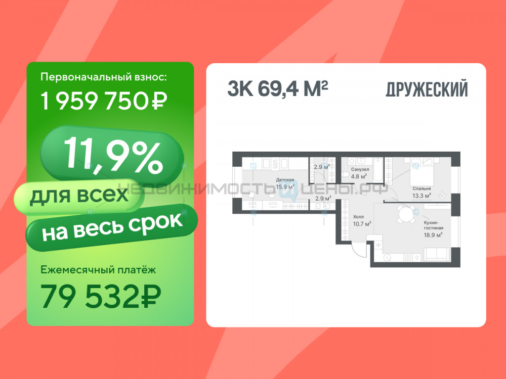 3 комн., 69.4м2, 10/14, Дружеский, Тюмень