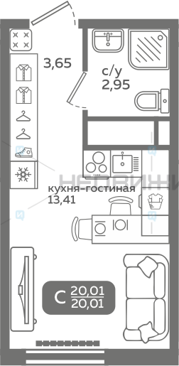 1 комн., 20.01м2, 14/21, Меридиан Слобода, Тюмень