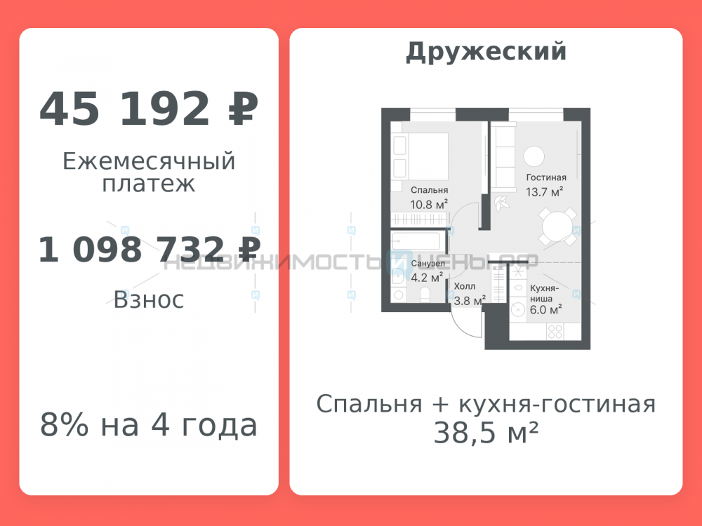2 комн., 38.5м2, 13/14, Дружеский, Тюмень