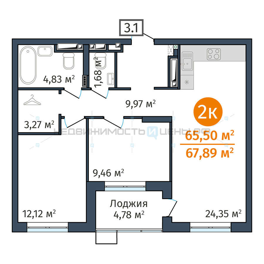 2 комн., 65.5м2, 22/24, Док (DOK), Тюмень