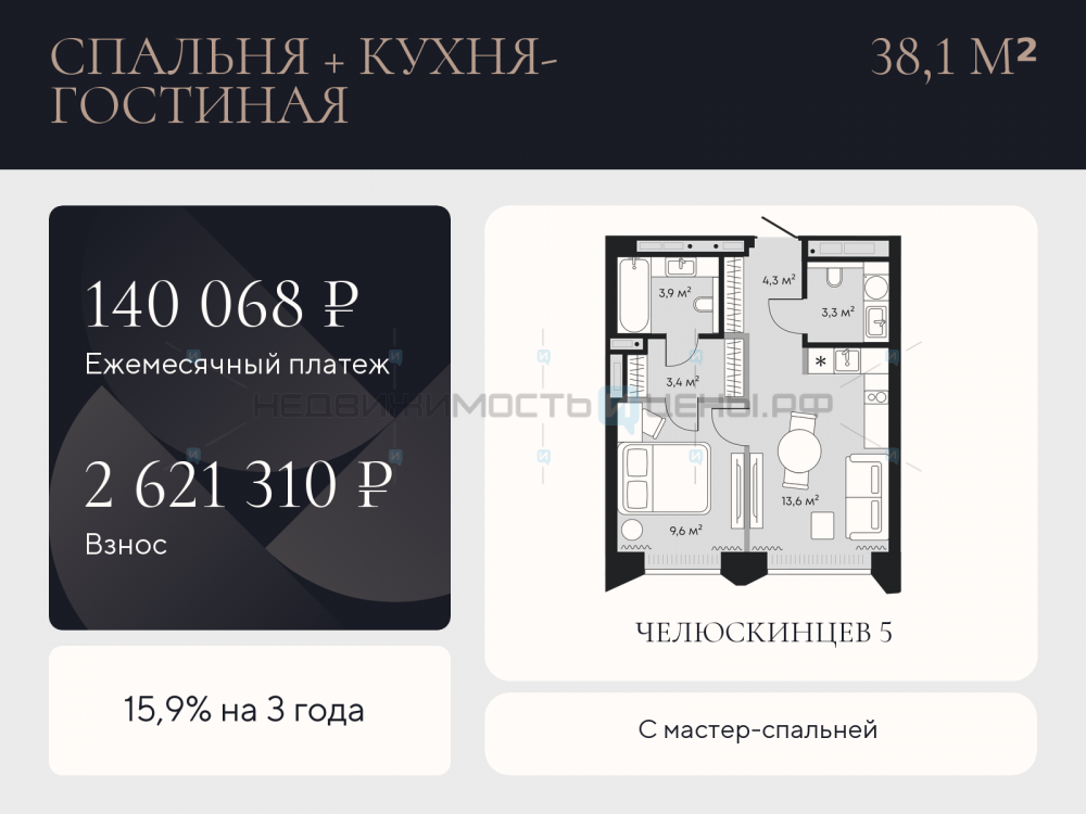 1 комн., 38.1м2, 3/9, Челюскинцев 5, Тюмень