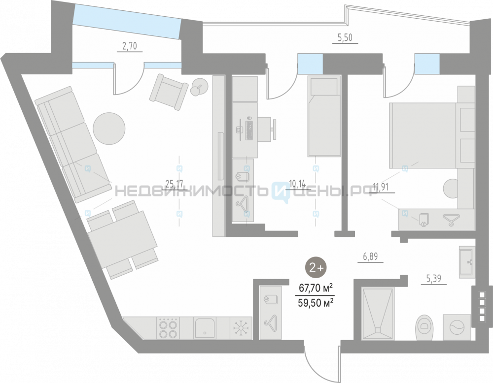 2 комн., 67.7м2, 2/4, Кипрея. Квартиры, Тюмень