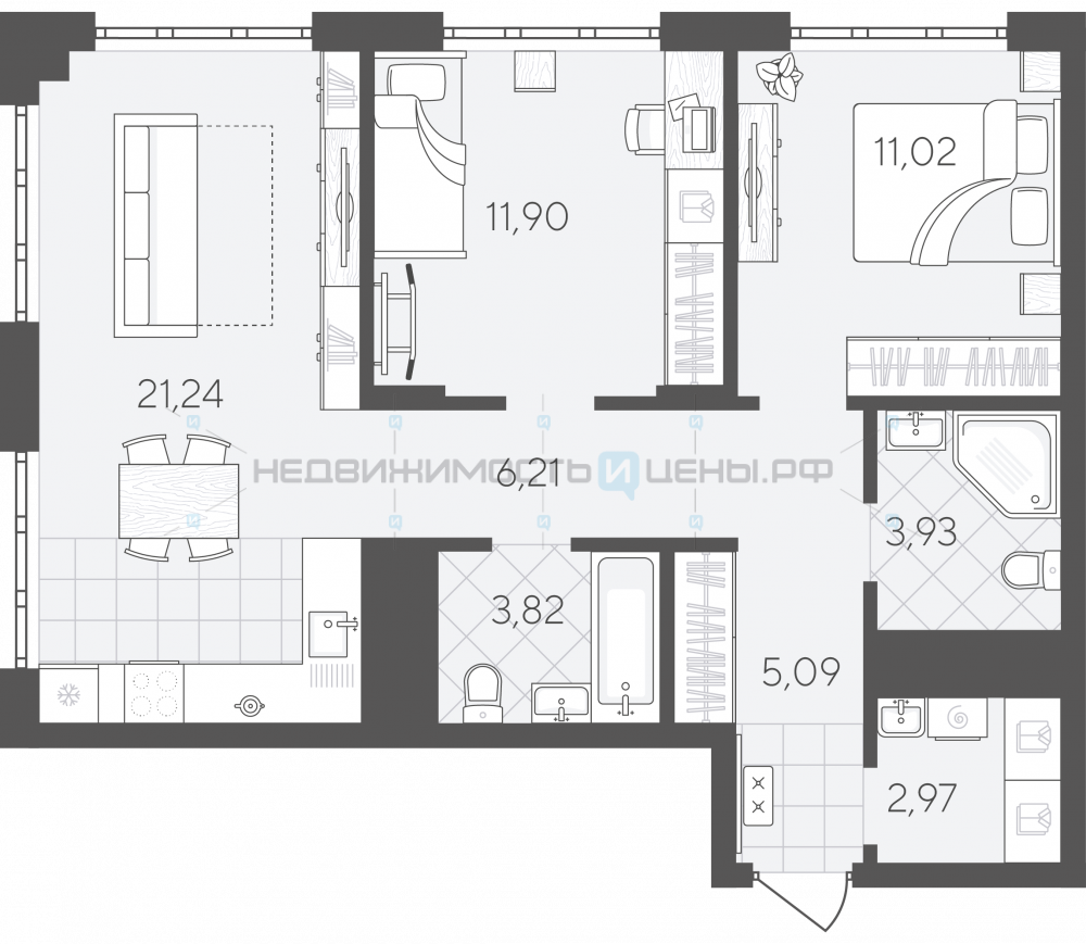 2 комн., 66.18м2, 4/24, Скандиа. Квартал в Слободе, Тюмень