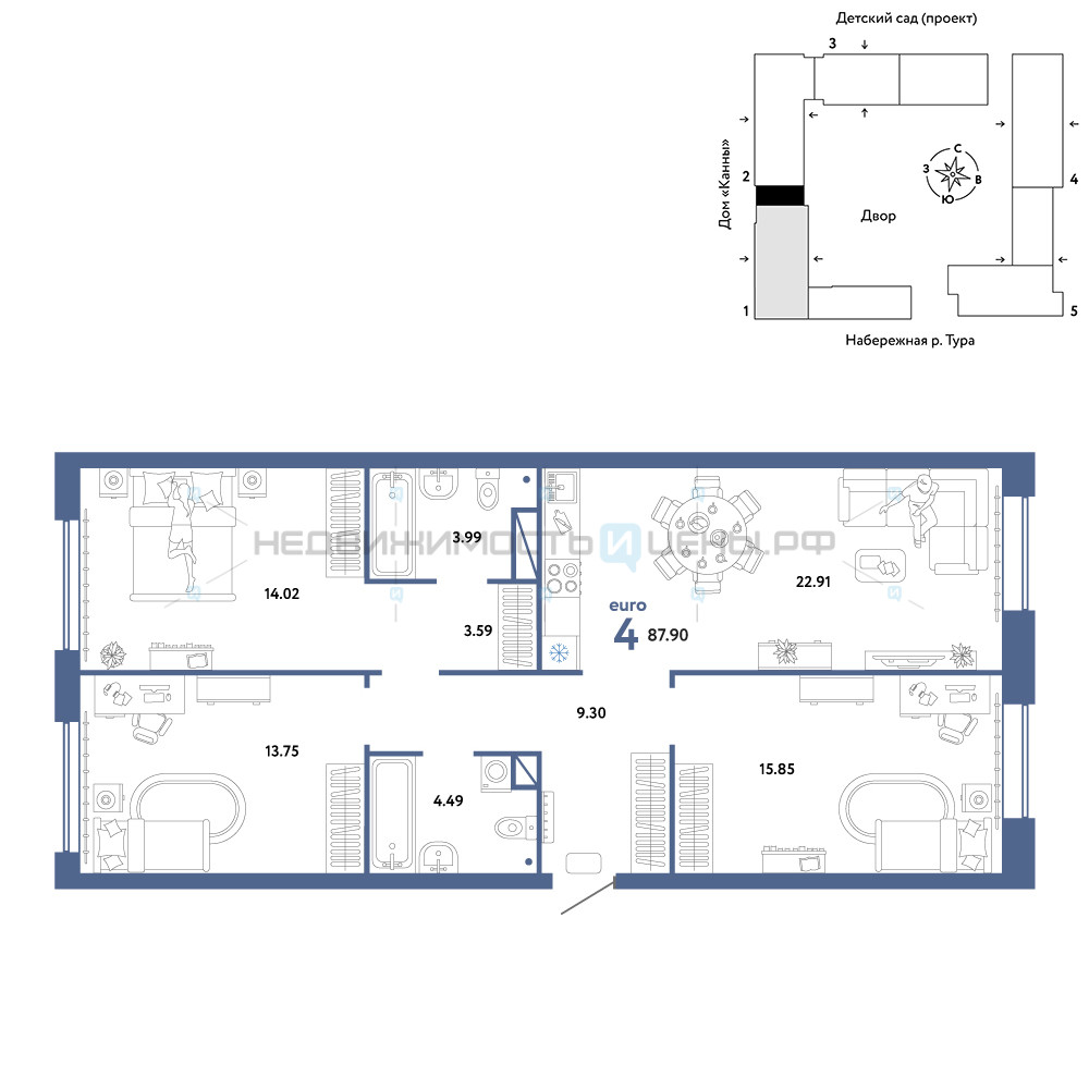 4 комн., 87.9м2, 5/25, Европейский берег, Тюмень