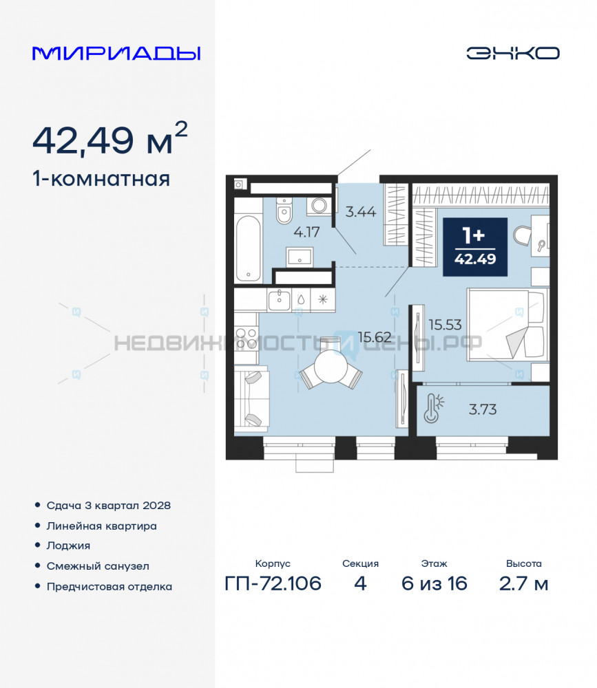 1 комн., 42.49м2, 6/16, Мириады, Тюмень