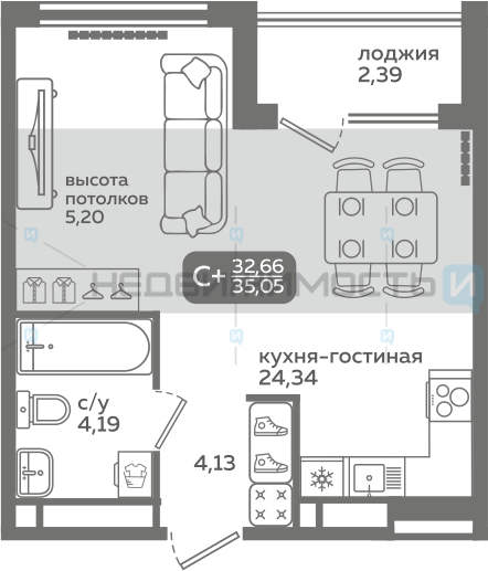 1 комн., 32.66м2, 16/21, Меридиан Слобода, Тюмень