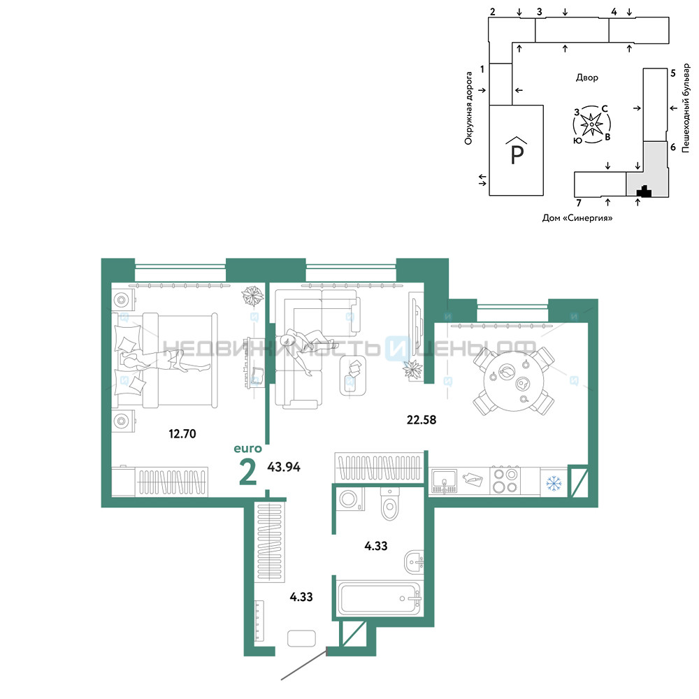 2 комн., 43.94м2, 6/16, Юнион, Тюмень