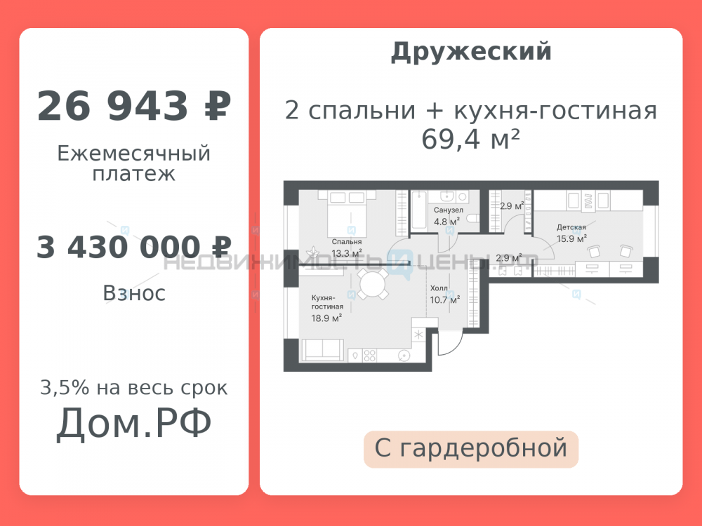2 комн., 69.4м2, 10/14, Дружеский, Тюмень