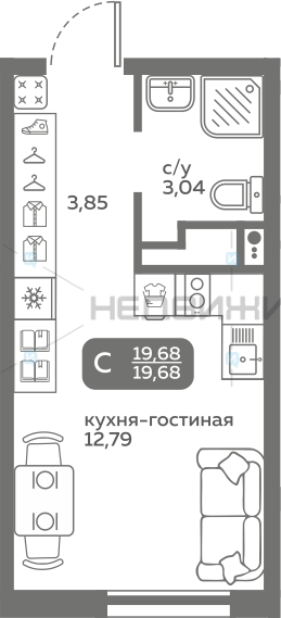 1 комн., 19.68м2, 5/20, Меридиан Слобода, Тюмень