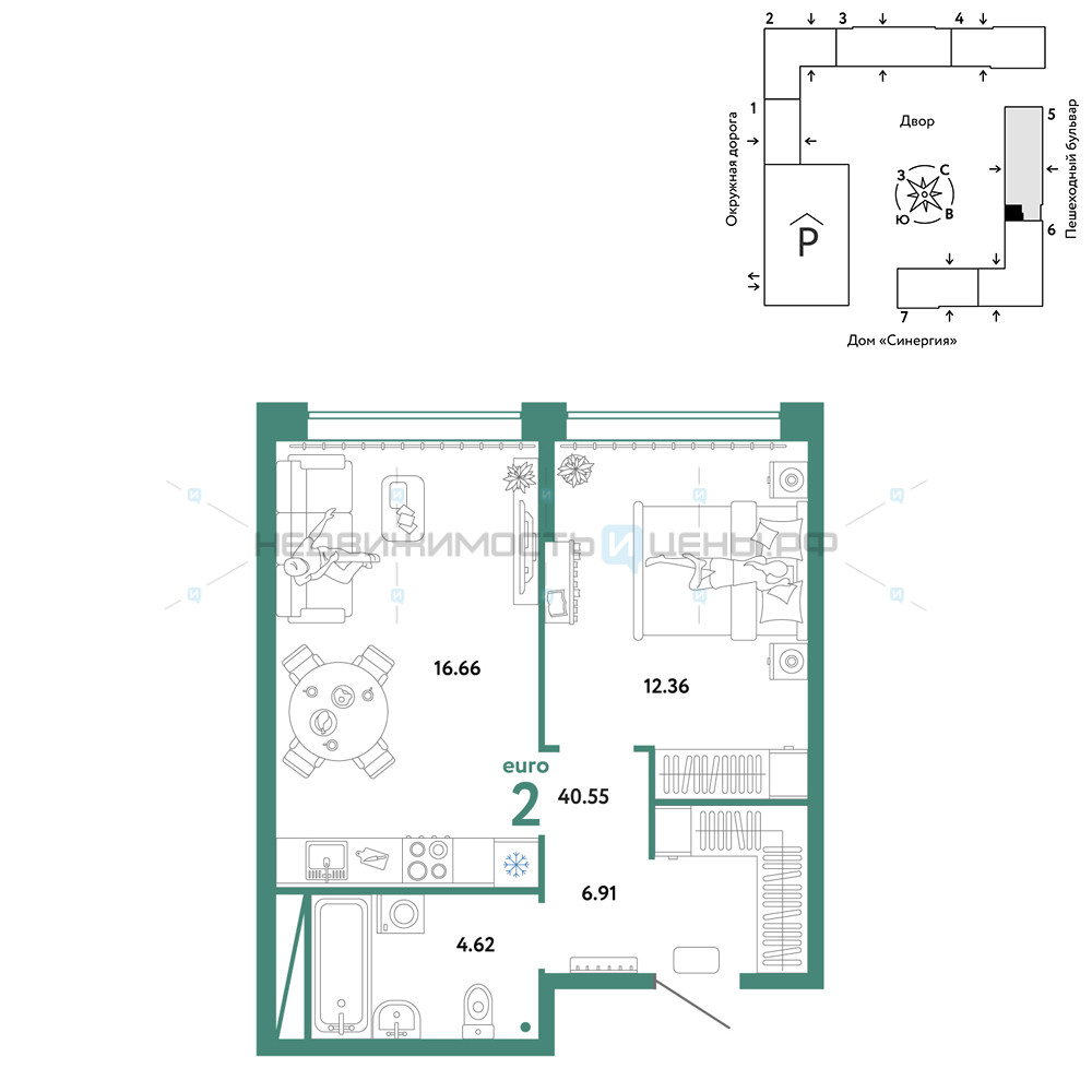 2 комн., 40.55м2, 5/16, Юнион, Тюмень