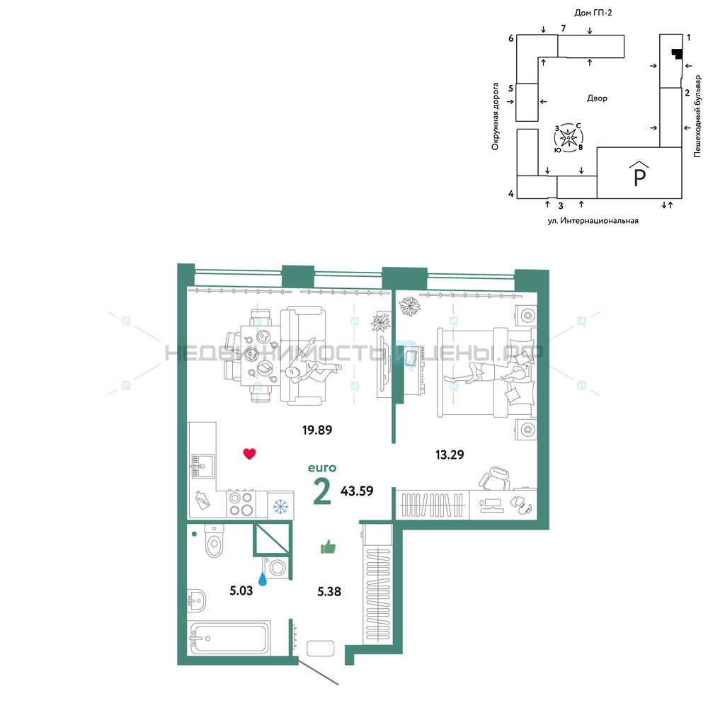 2 комн., 43.59м2, 5/16, Юнион, Тюмень