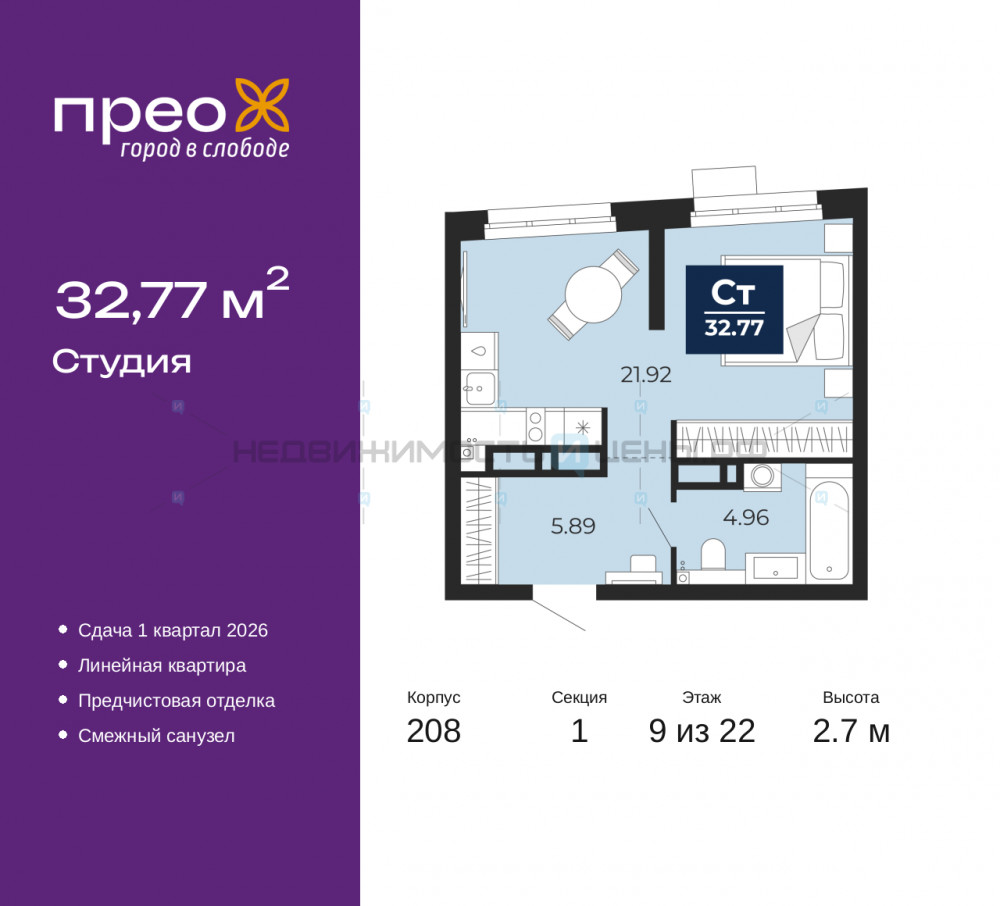1 комн., 32.77м2, 9/22, Прео, Тюмень