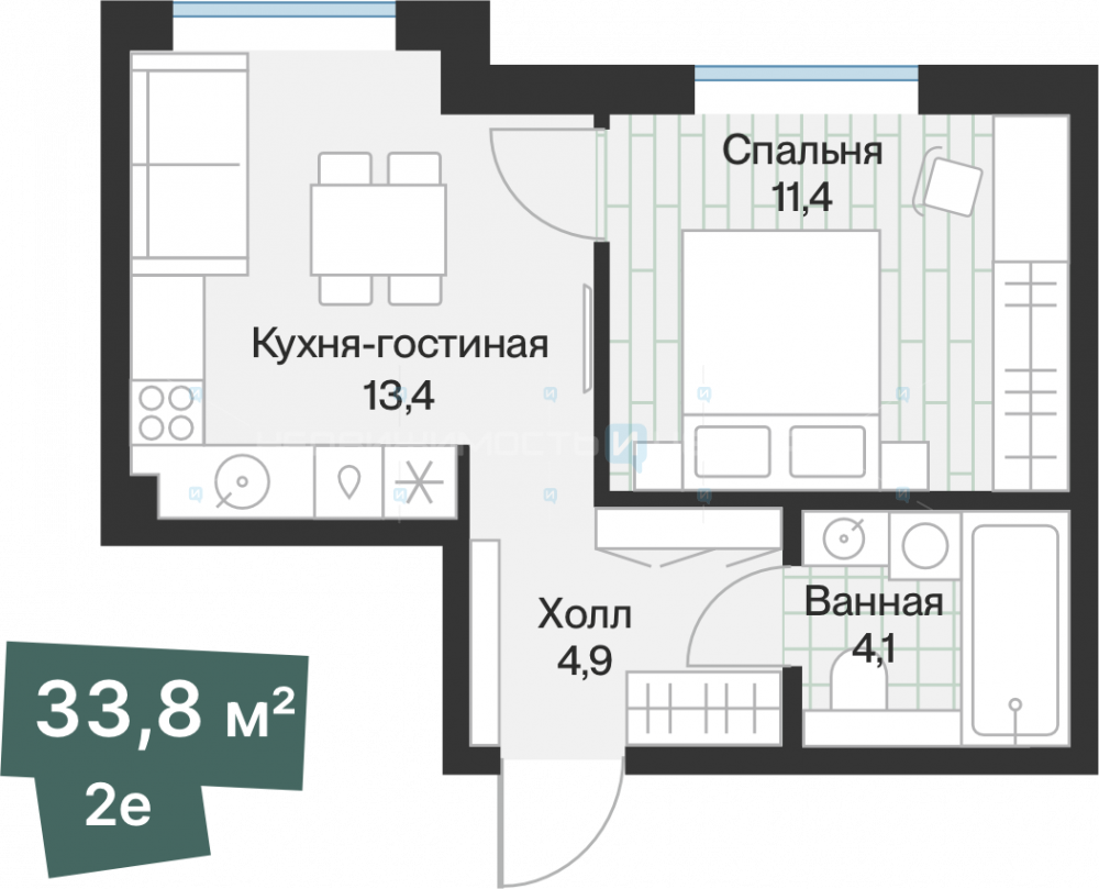 1 комн., 33.8м2, 4/4, Эклипт, Тюмень