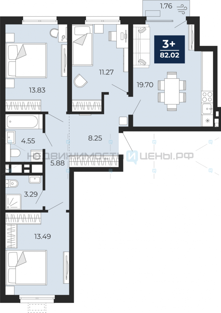 3 комн., 82.02м2, 18/19, Тюмень