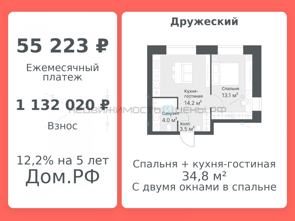 2 комн., 34.8м2, 6/8, Дружеский, Тюмень