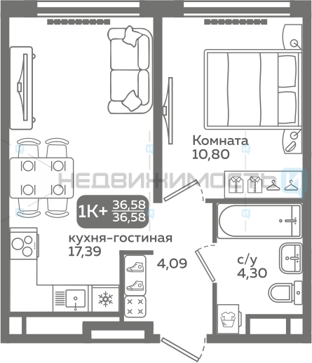 1 комн., 36.58м2, 16/21, Меридиан Слобода, Тюмень