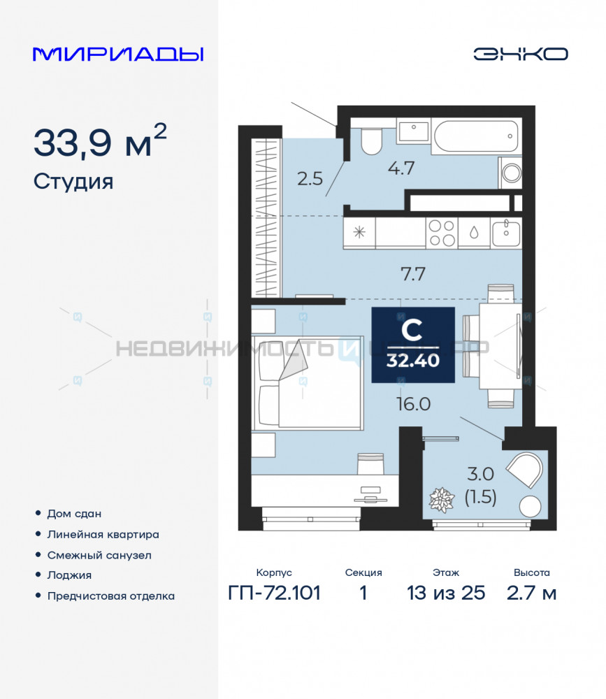 1 комн., 33.9м2, 13/25, Тюмень