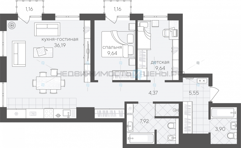2 комн., 79.53м2, 6/24, Скандиа. Квартал в Комарово Парк, Тюмень