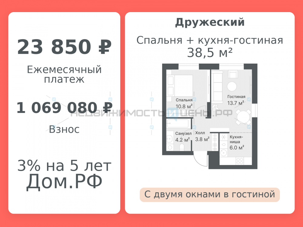 2 комн., 38.5м2, 14/14, Дружеский, Тюмень
