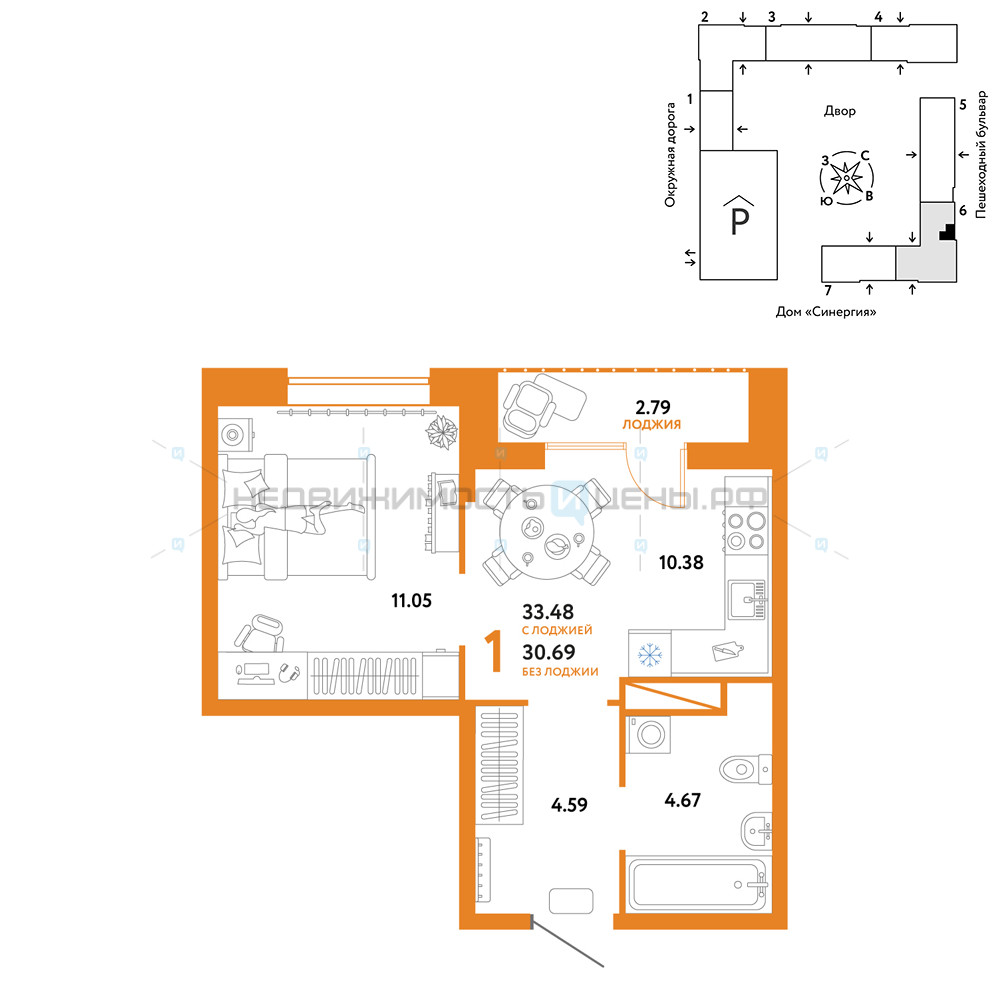 1 комн., 33.48м2, 11/16, Юнион, Тюмень