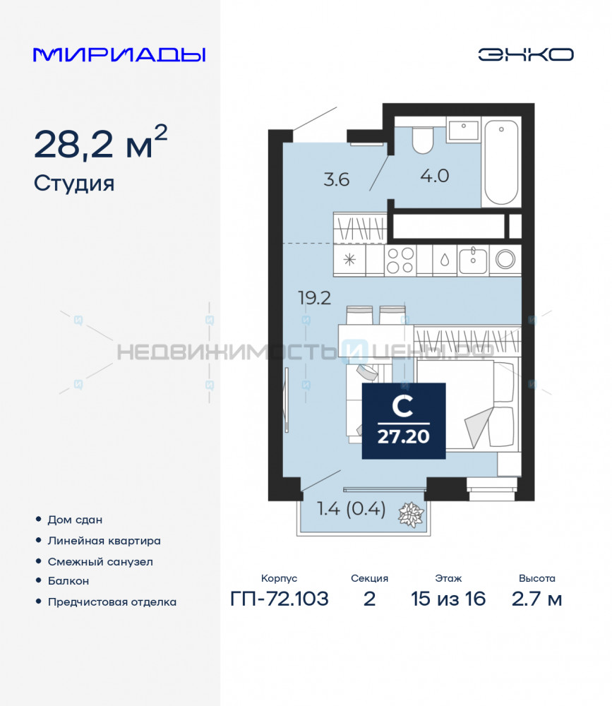 1 комн., 28.2м2, 15/16, Мириады, Тюмень