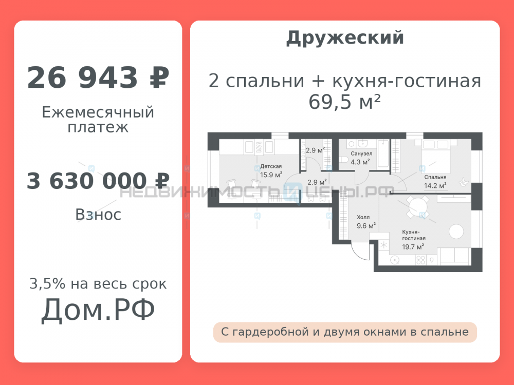 2 комн., 69.5м2, 8/8, Дружеский, Тюмень