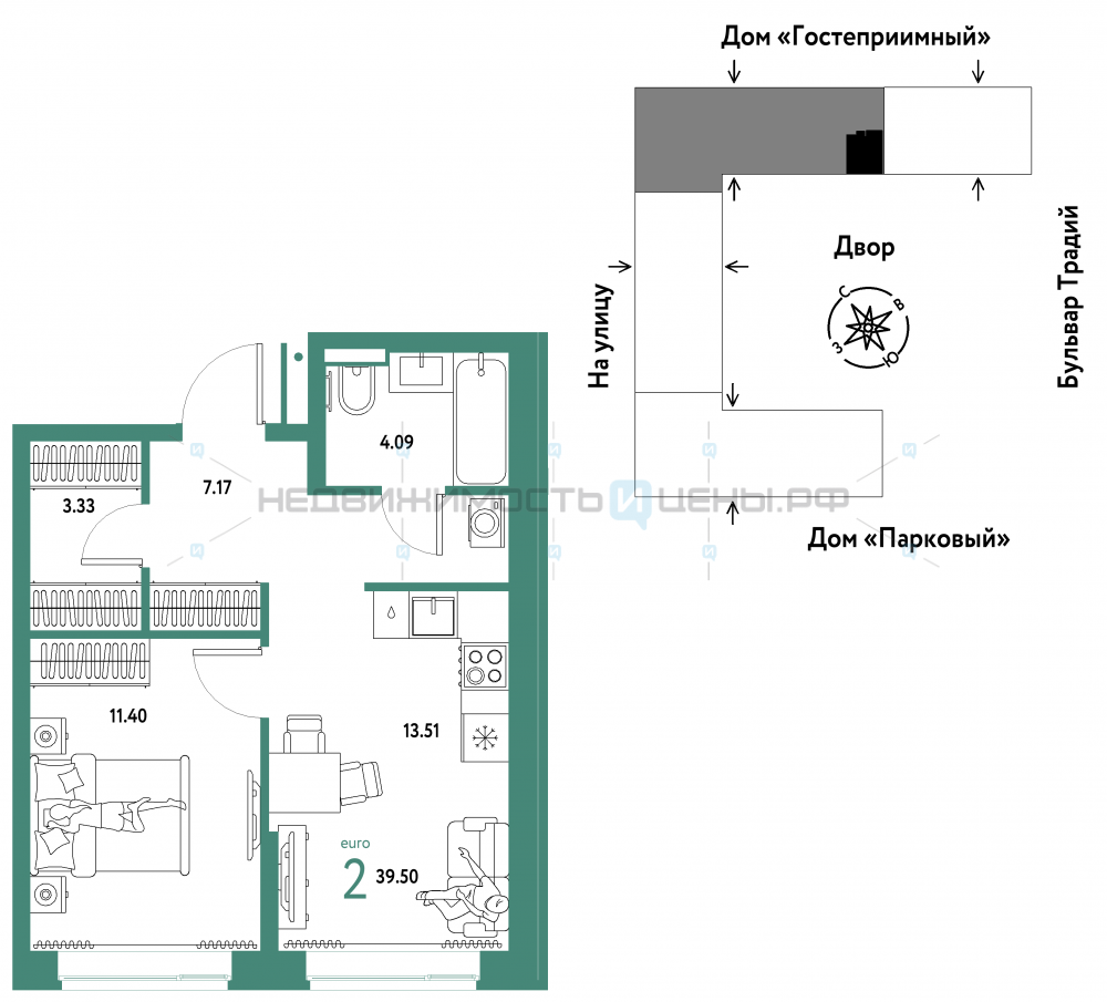2 комн., 39.5м2, 15/15, Домашний, Тюмень