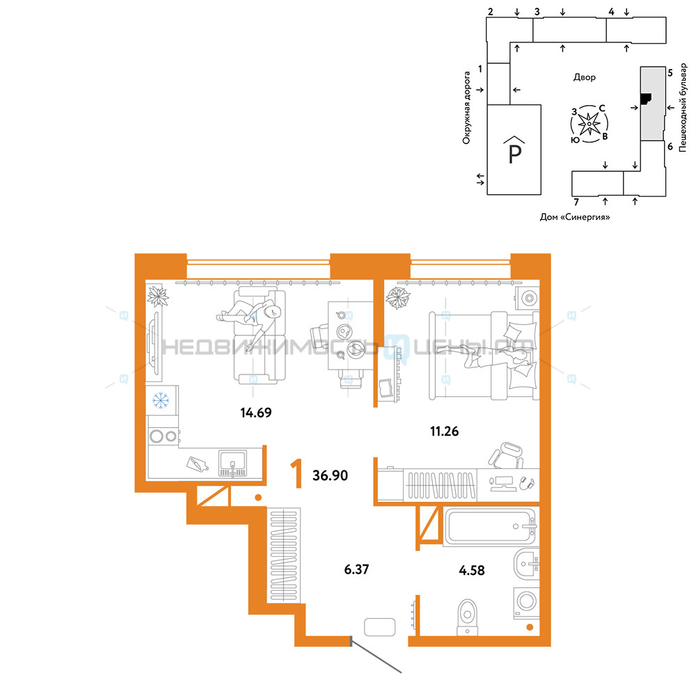 1 комн., 36.9м2, 12/16, Юнион, Тюмень