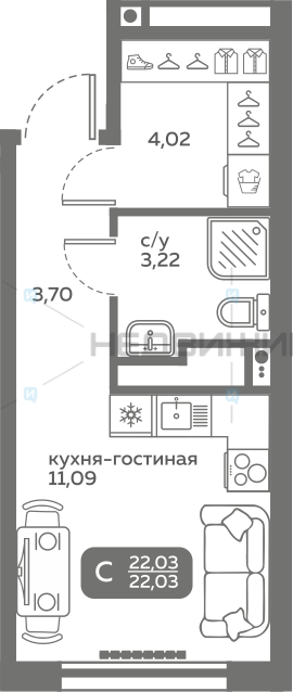 1 комн., 22.03м2, 10/20, Меридиан Слобода, Тюмень