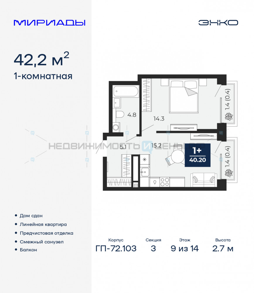 1 комн., 42.2м2, 9/14, Тюмень