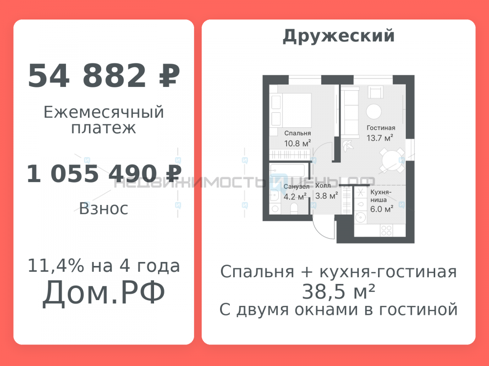2 комн., 38.5м2, 14/14, Дружеский, Тюмень