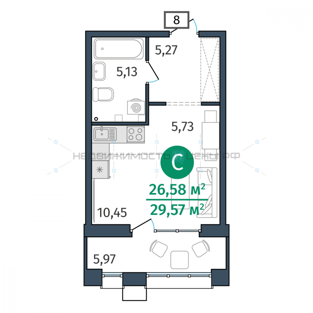 Студия, 26.58м2, 2/25, Этика, Тюмень