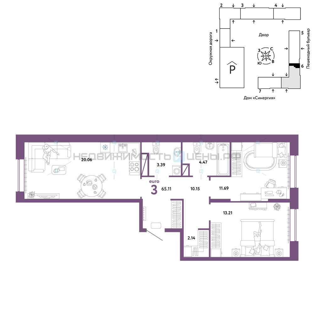3 комн., 65.11м2, 14/16, Юнион, Тюмень
