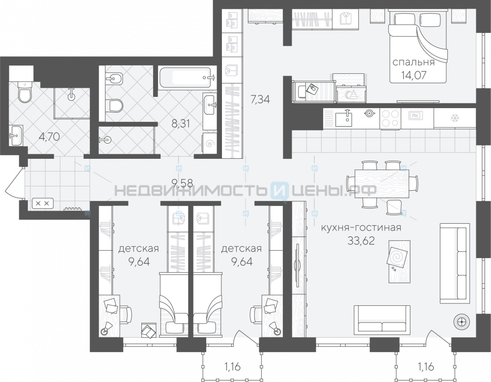 3 комн., 99.22м2, 3/24, Скандиа. Квартал в Комарово Парк, Тюмень