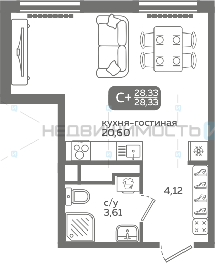 1 комн., 28.33м2, 6/21, Меридиан Слобода, Тюмень