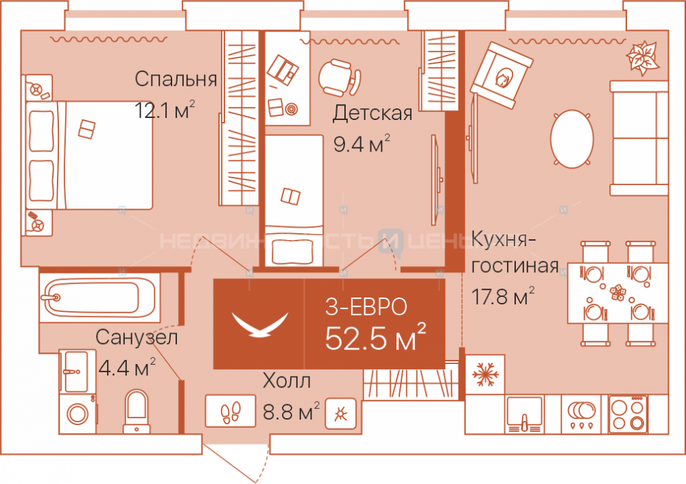 2 комн., 52.5м2, 16/16, Дом на Большой Спасской, Тюмень