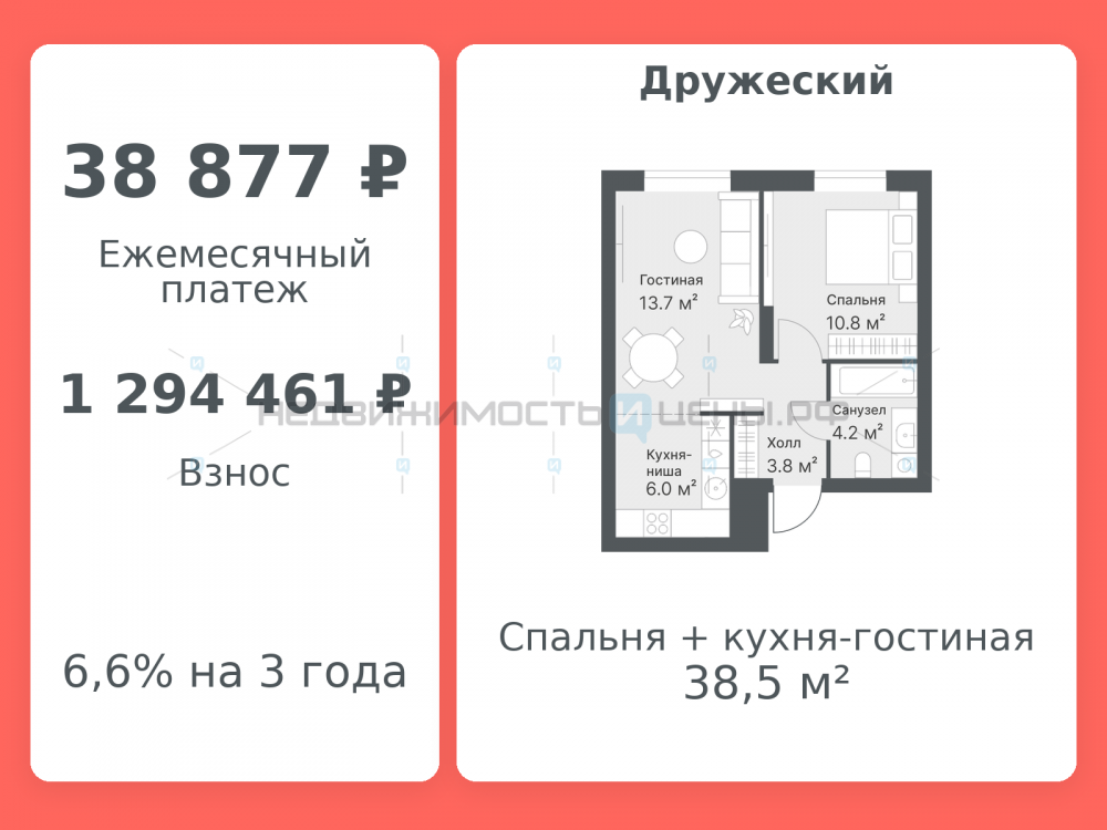 2 комн., 38.5м2, 14/14, Дружеский, Тюмень