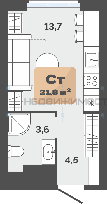 Студия, 21.8м2, 21/23, Баланс, Тюмень