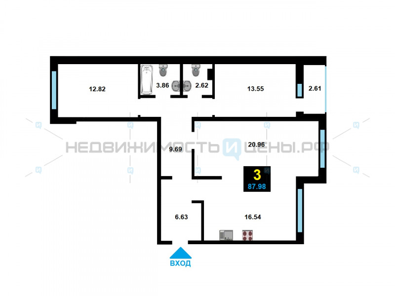 3 комн., 88м2, 2/9, Life Residence (Лайф Резиденция), Тюмень