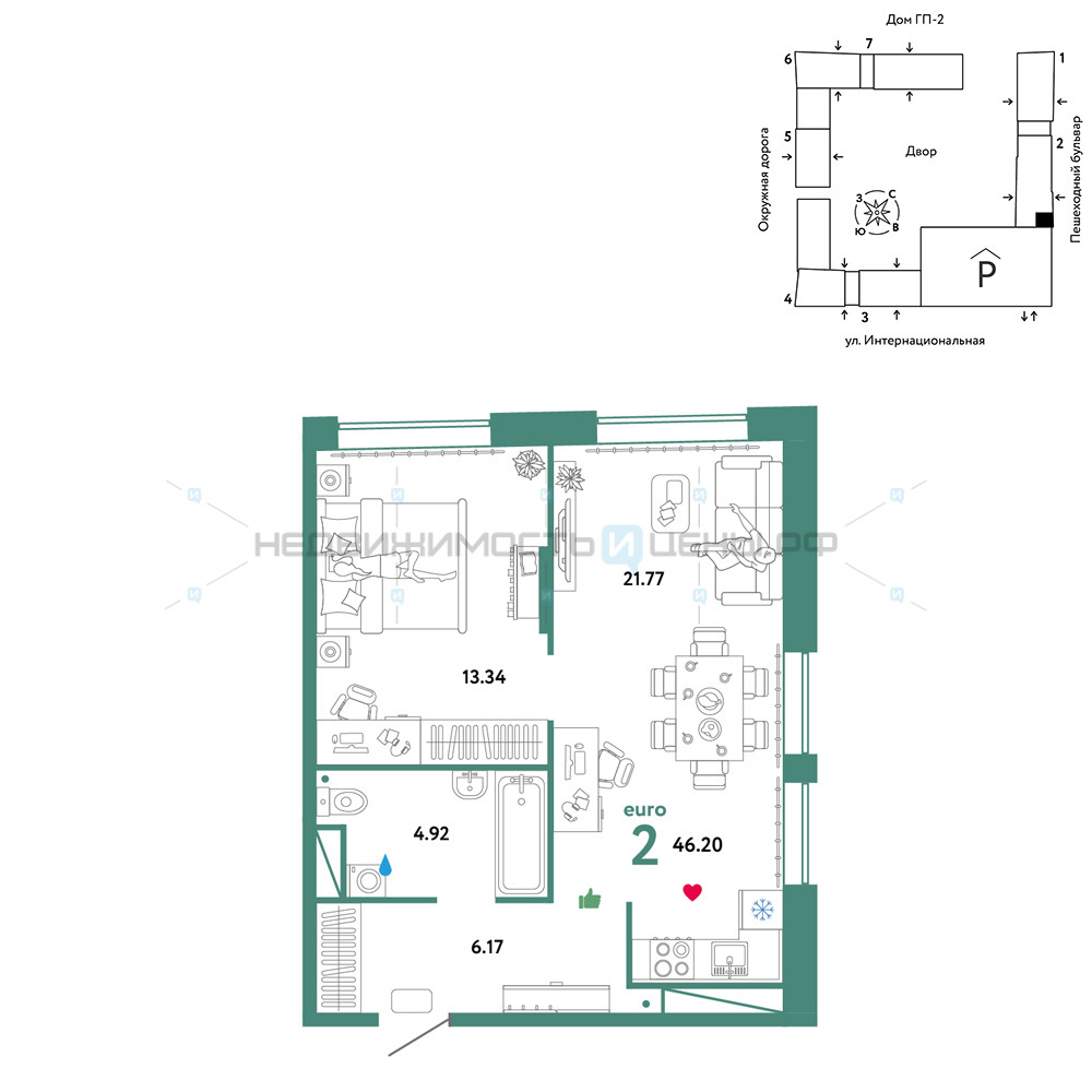 2 комн., 46.2м2, 15/16, Юнион, Тюмень