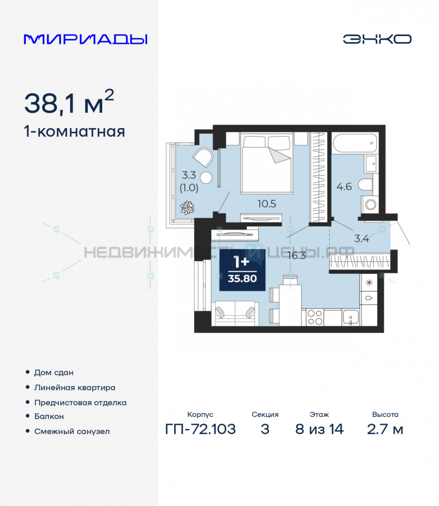 1 комн., 38.1м2, 8/14, Тюмень