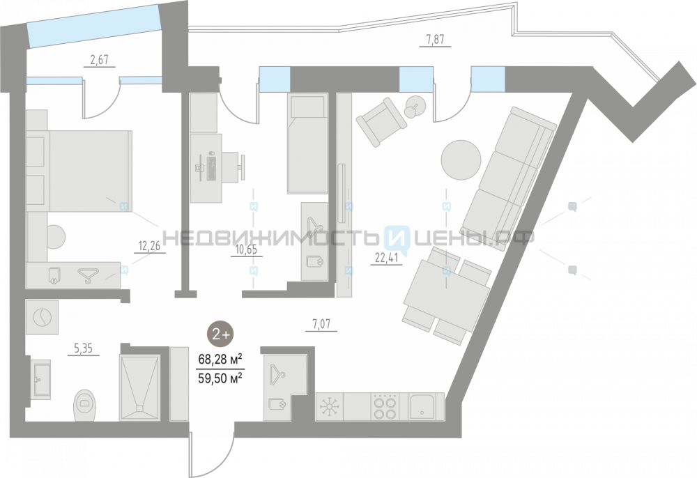 2 комн., 68.28м2, 2/4, Кипрея. Квартиры, Тюмень