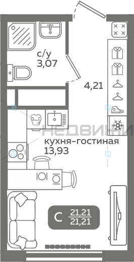 1 комн., 21.21м2, 18/21, Меридиан Слобода, Тюмень