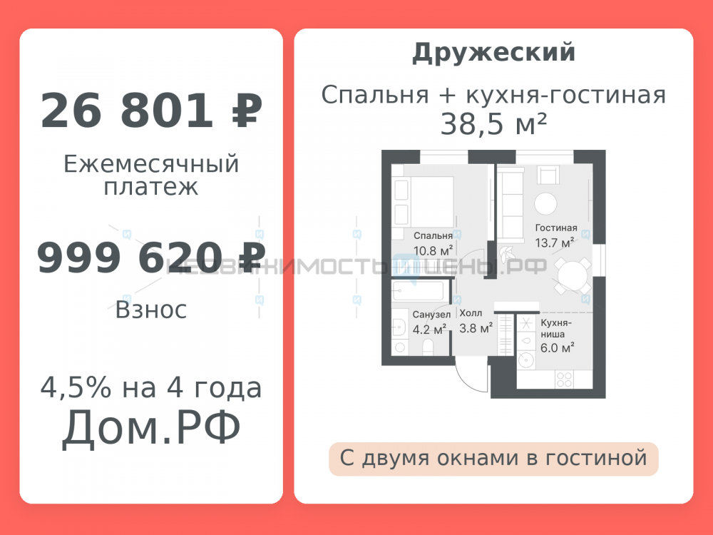 2 комн., 38.5м2, 14/14, Дружеский, Тюмень