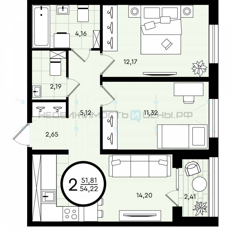 2 комн., 54.22м2, 2/4, Зеленые Аллеи, Тюмень