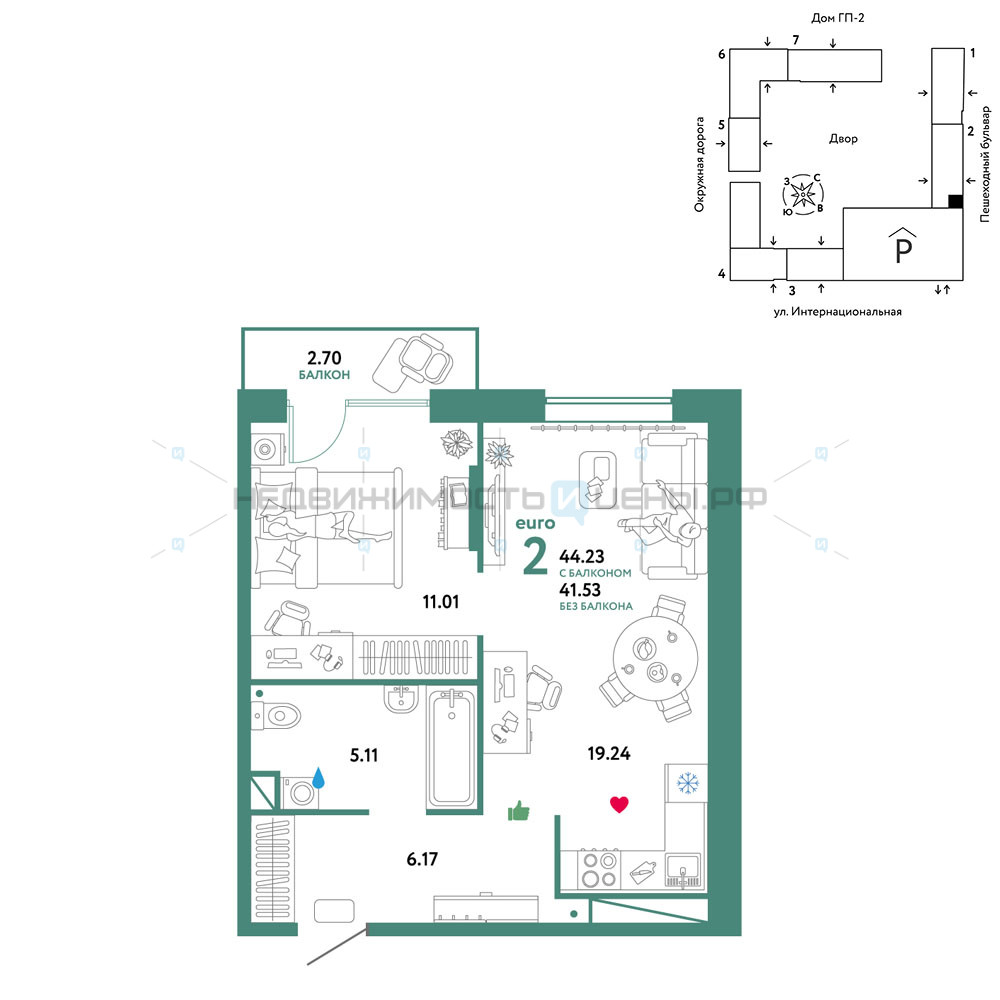 2 комн., 44.23м2, 8/16, Юнион, Тюмень
