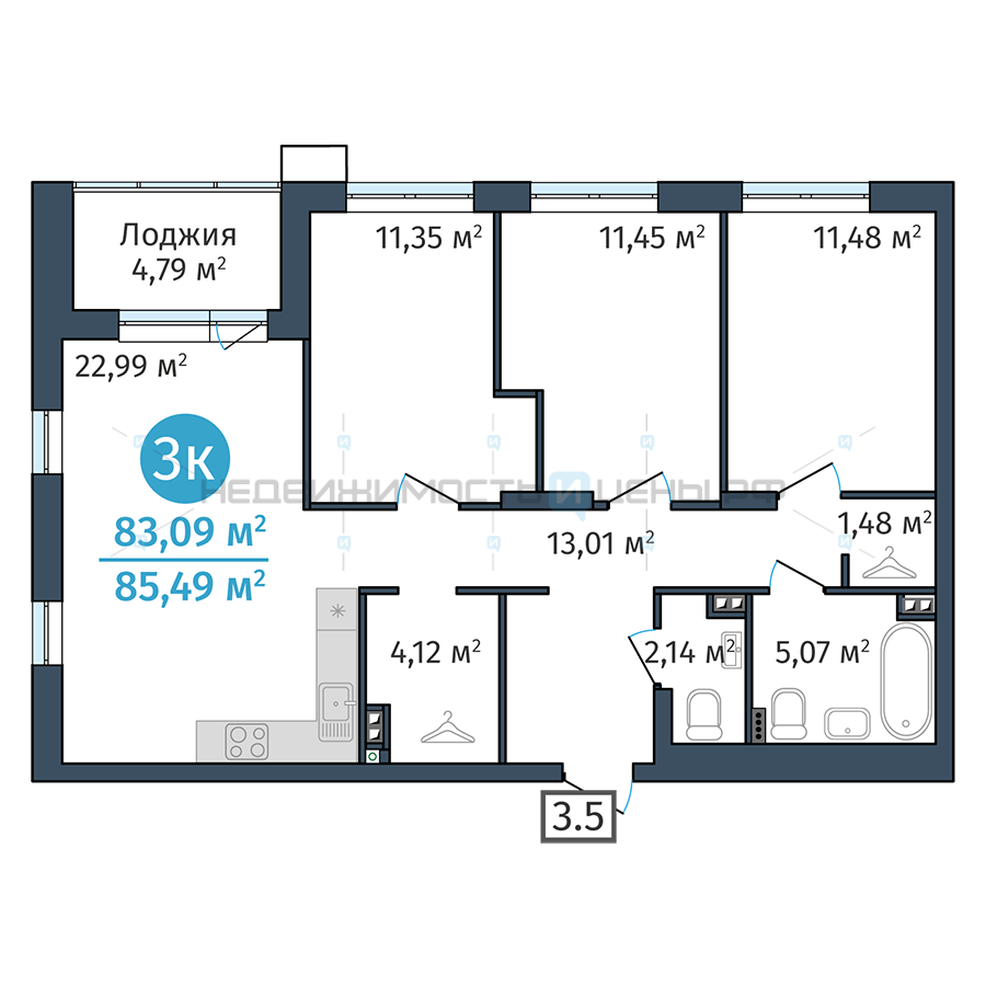 3 комн., 83.09м2, 2/24, Док (DOK), Тюмень